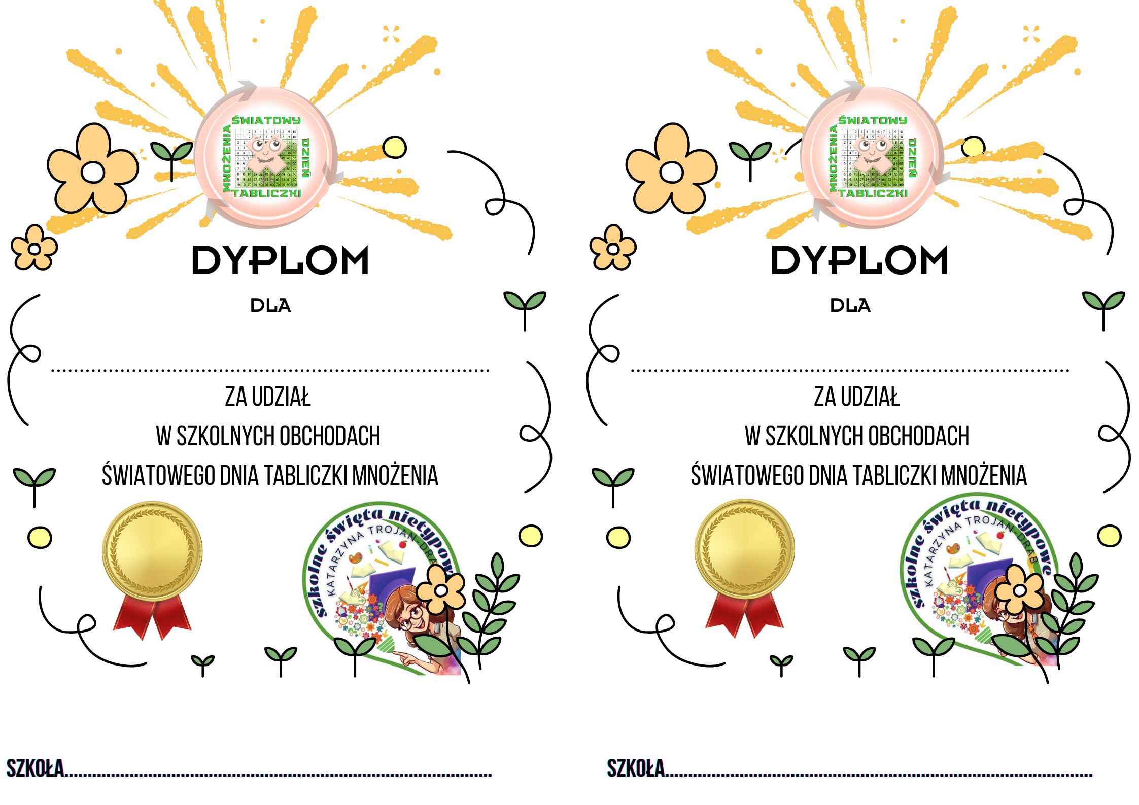 DYPLOM ZA UDZIAŁ W OBCHODACH DNIA TABLICZKI MNOŻENIA